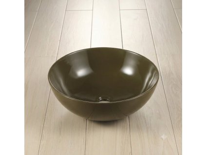 Hnědé keramické umyvadlo na desku Besteco Marone o průměru Ø 39 cm s tenkými hranami.
