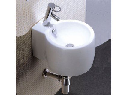 Závěsné keramické umývátko Besteco Tondo 35x30 cm v lesklém bílém provedení s otvorem pro baterii. kód TONDO35