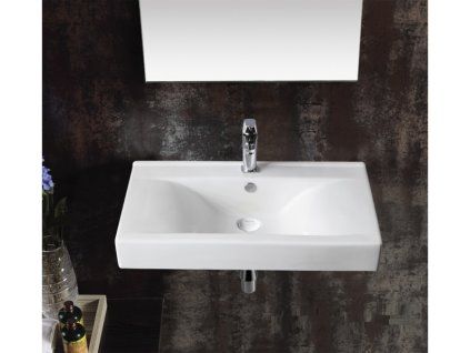 Hranaté keramické umyvadlo Besteco Kube 75x47x13 cm v lesklém bílém provedení.