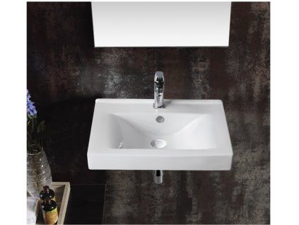 Hranaté keramické umyvadlo Besteco Kube 60x47x13 cm v lesklém bílém provedení.