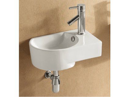 Asymetrické keramické umyvadlo Besteco Roma R 40x27 cm s pravou odkládací plochou v lesklém bílém provedení. kód 4295L