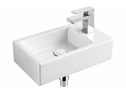 Malé keramické umývátko na WC Besteco BrainyMini s rozměry 37x23x13 cm a otvorem pro baterii na pravé straně.Kód:4331