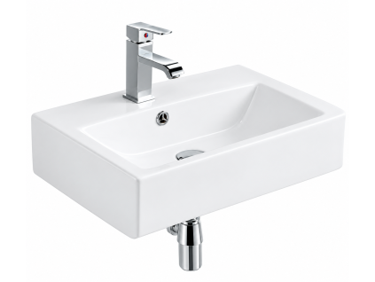 Keramické umyvadlo Besteco Cube 55x40 cm závěsné s chromovou baterií a přepadem, Kód:TR4394N