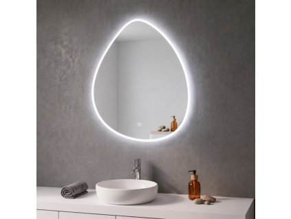 [Kód:MFG8080] LED zrcadlo ve tvaru kapky 70x80 cm v koupelně s moderním obvodovým podsvícením a čistým rámem.