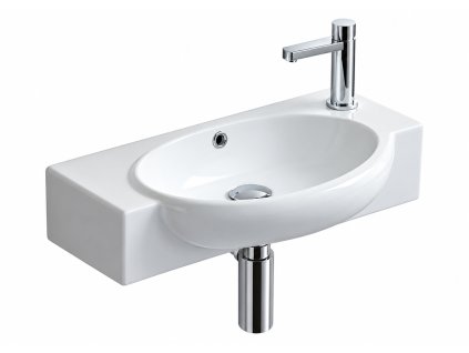 Podélné keramické umyvadlo Besteco Avancer 50x27 cm v lesklém bílém provedení s otvorem pro baterii vpravo.