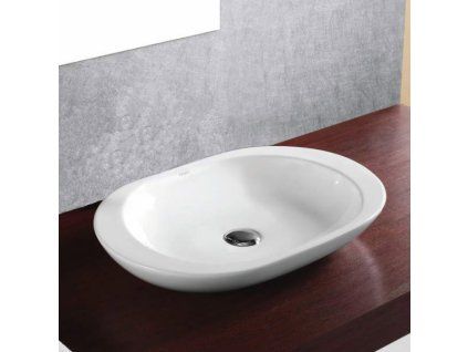 [Kód: TR4542] Osvětlené keramické umyvadlo besteco Fino o rozměrech 59x40 cm, detail subtilního oválného tenkostěnného Slim Edge profilu a prémiové bílé lesklé glazury.