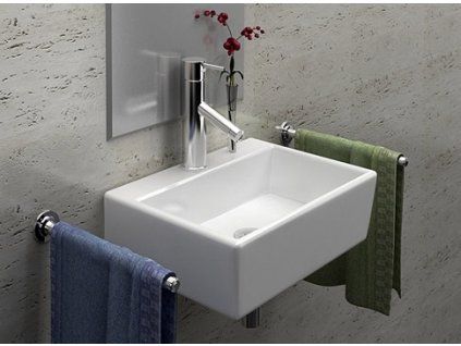 Malé hranaté keramické umyvadlo Besteco s rozměry 33,5x29,5x11,5 cm v lesklé bílé barvě.