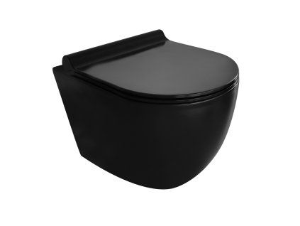 [Kód: 2376-U18] Závěsné WC BESTECO Arco černá matná Rimless 36x55 cm detail bezokrajové mísy a duroplastového Soft-Close sedátka.