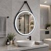[Kód:MFD6060R] Kulaté LED zrcadlo Ø 60 cm s matným černým hliníkovým rámem a nastavitelnou barvou světla zavěšené na stěně v koupelně.