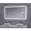 Detailní pohled na svítící LED zrcadlo BESTECO Magnify 120x65 cm nastavené na studenou bílou barvu světla v interiéru koupelny nad dvěma kulatými umyvadly na desce. Zřetelně je vidět svítící obvod zvětšovacího zrcátka.