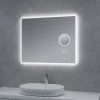 Koupelnové LED zrcadlo BESTECO Bright Time 80x65 cm nastavitelná barva světla CCT hodiny kosmetická lupa 5x funkce odmlžování hliníkový korpus, kód MLS6508MA-TIME-H
