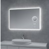 [Kód:MLS6510MA-TIME-H] Obdélníkové LED zrcadlo 100x65 cm v koupelně s rozsvíceným detailem kosmetické lupy a digitálních hodin.