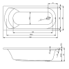 Technický nákres a rozměrové schéma obdélníkové vany Elise 180x80 cm s detailními kótami půdorysu a bočního řezu.