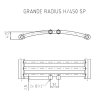 Technický výkres detailu s názvem 'GRANDE RADIUS H/450 SP'. Zahrnuje dva pohledy: horní půdorysný pohled zobrazující mírný oblouk vodorovných trubek (RADIUS) a tloušťku rámu (70), a dolní částečný čelní pohled podrobně popisující spodní středové připojení s úzkým rozestupem (M1 2x G1/2') a 50mm roztečí (L=50), a celkovou šířku (L).