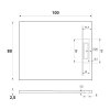 Technický výkres sprchové vaničky Nilo 100x80 cm zobrazující přesné rozměry a extra plochou výšku 2,5 cm.