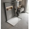 Bezbariérový sprchový kout s instalovanou bílou vaničkou Nilo blanco 120x80 cm a moderní černou skleněnou zástěnou.